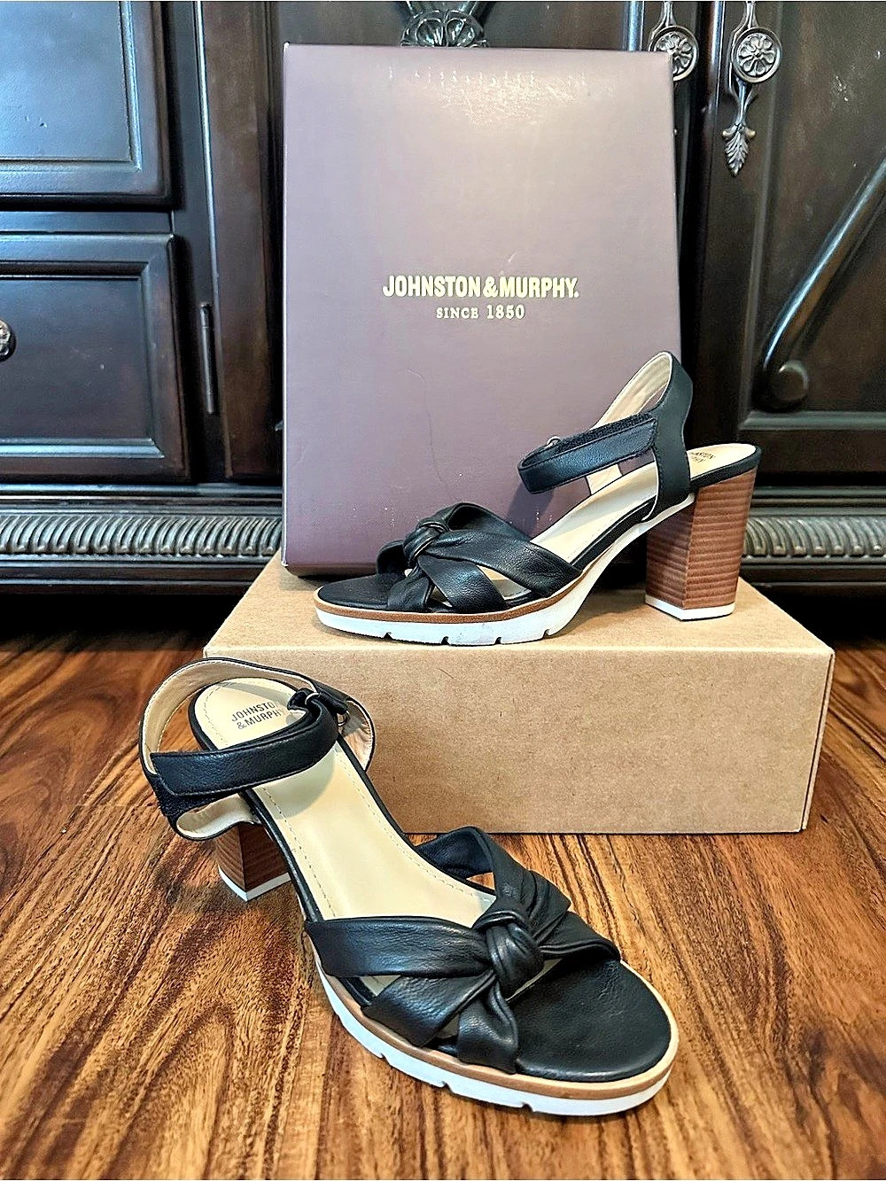 Johnston & Murphy Christine Cross-Band Sandal Black & White Wedge